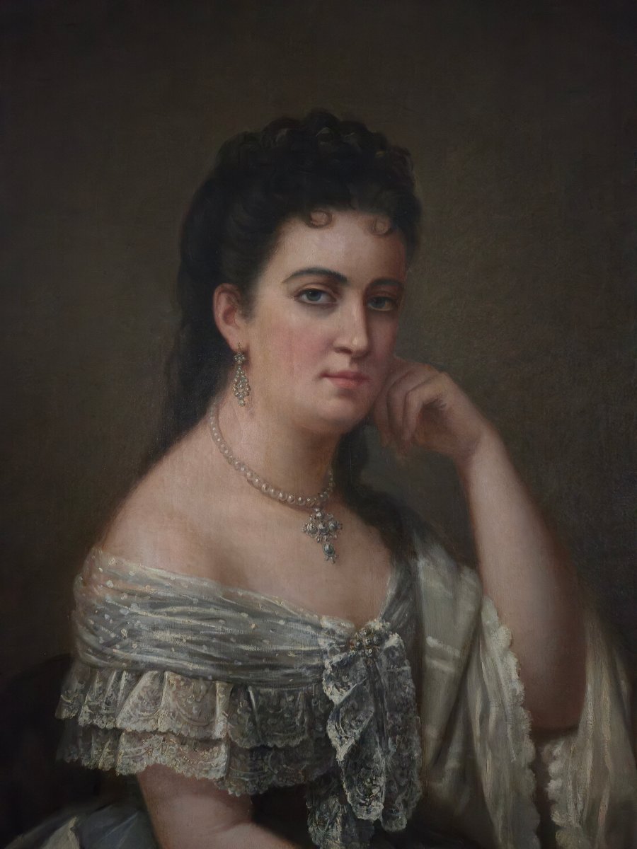 Charles Démory, Grand portrait d'une élégante dans le goût des portraits de cour, vers 1870.-photo-2