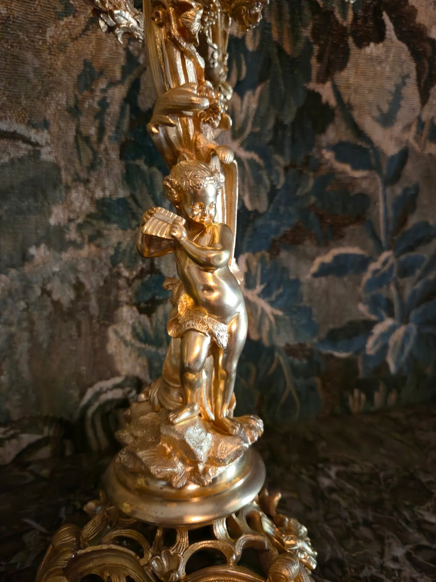 Pair Of Gilded Bronze Candelabra Featuring Bacchus Children, From The Napoleon III Period.-photo-2