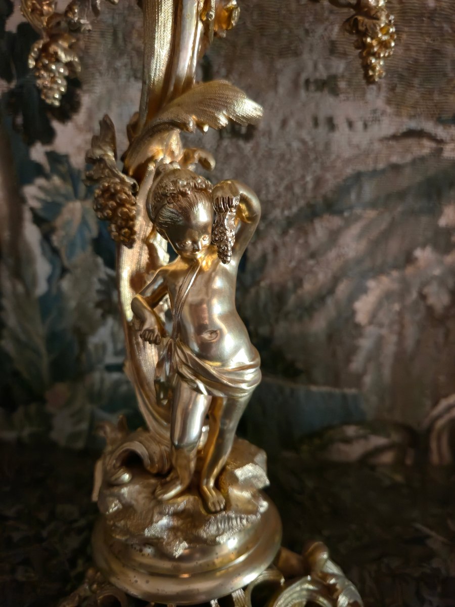 Pair Of Gilded Bronze Candelabra Featuring Bacchus Children, From The Napoleon III Period.-photo-4
