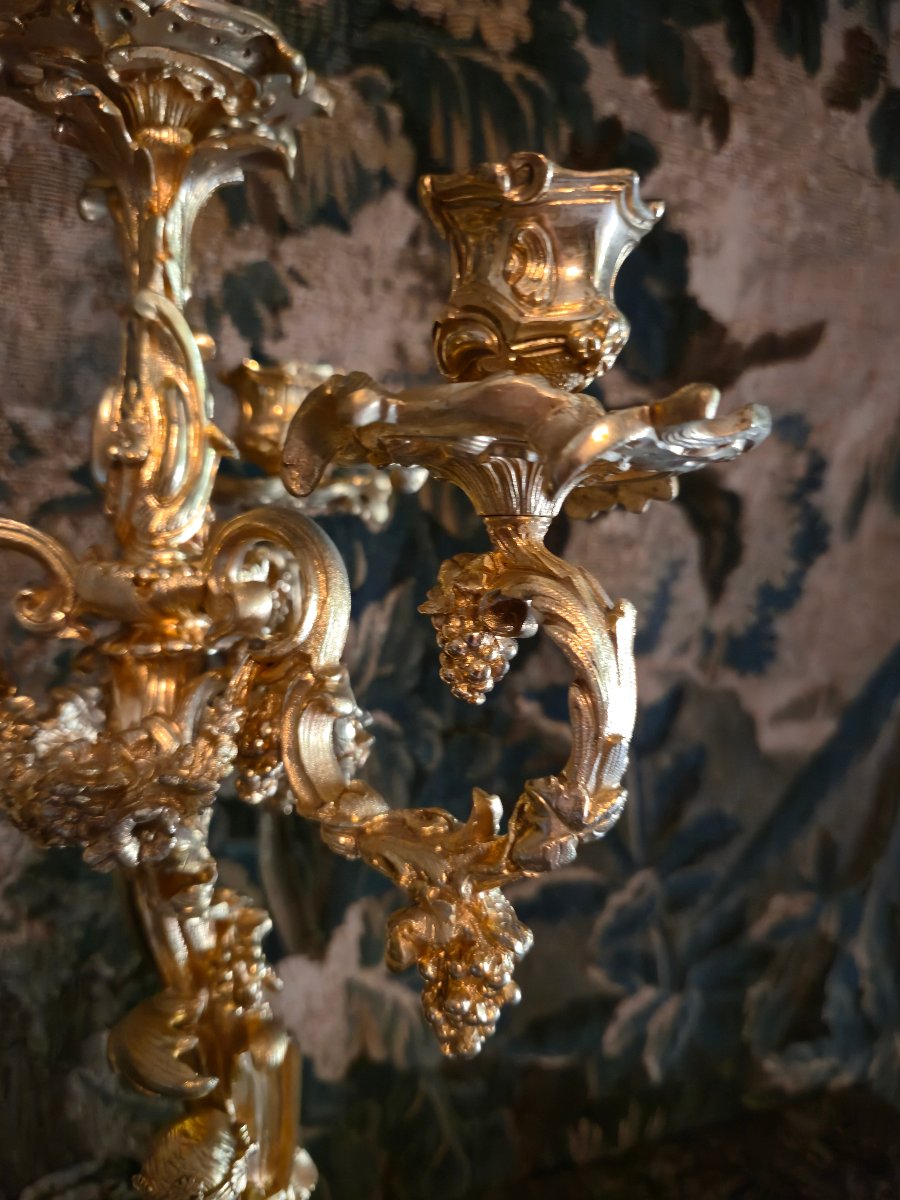 Pair Of Gilded Bronze Candelabra Featuring Bacchus Children, From The Napoleon III Period.-photo-2