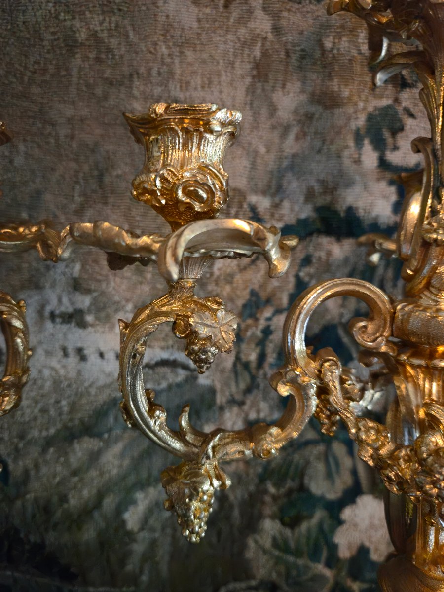 Pair Of Gilded Bronze Candelabra Featuring Bacchus Children, From The Napoleon III Period.-photo-5