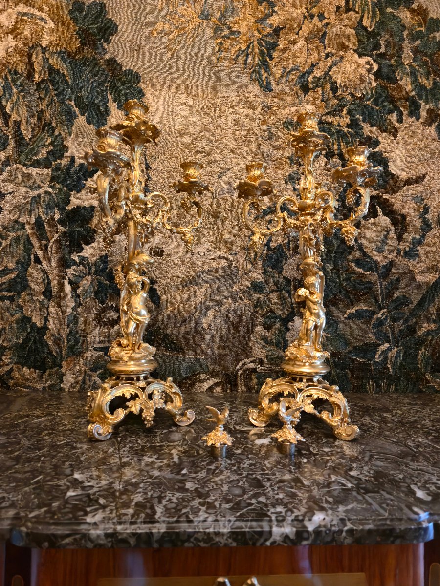 Pair Of Gilded Bronze Candelabra Featuring Bacchus Children, From The Napoleon III Period.-photo-8