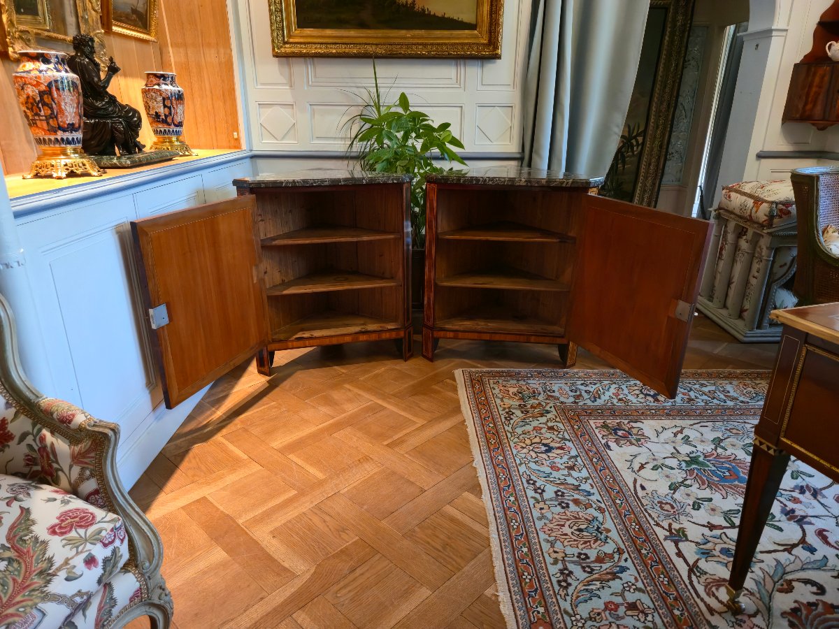 Paire d'encoignures d'époque Louis XVI à décor de trophées des sciences et de la géographie.   -photo-2