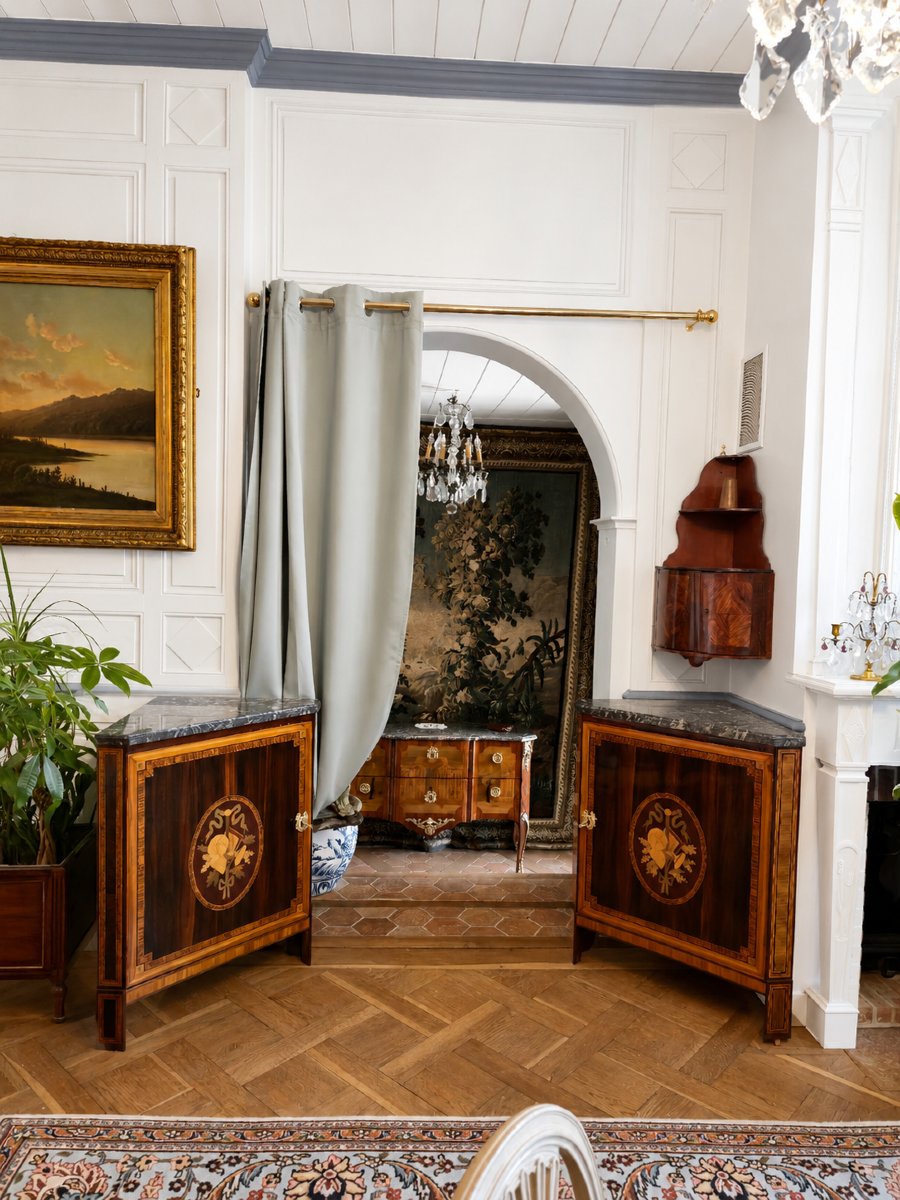Paire d'encoignures d'époque Louis XVI à décor de trophées des sciences et de la géographie.   