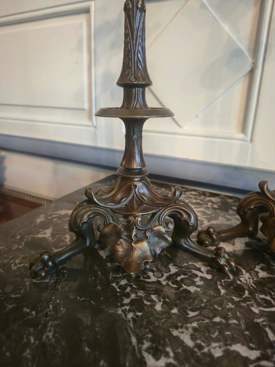 Paire de flambeaux néo-grecs en bronze patiné signés Paul-Auguste Gagné (1824-1878) .-photo-2