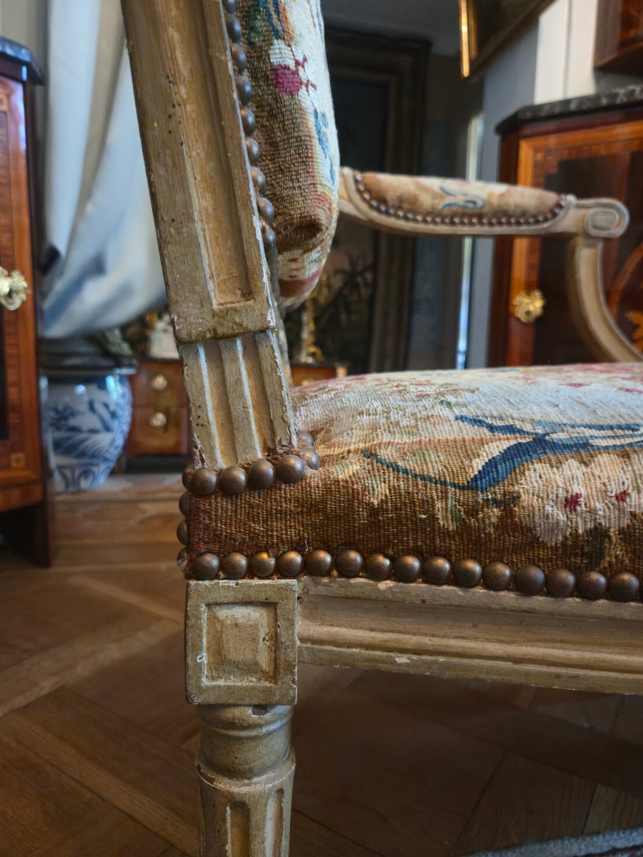 Paire de fauteuils à la reine d'époque Louis XVI, garnis de leur tapisserie de Beauvais.   -photo-2