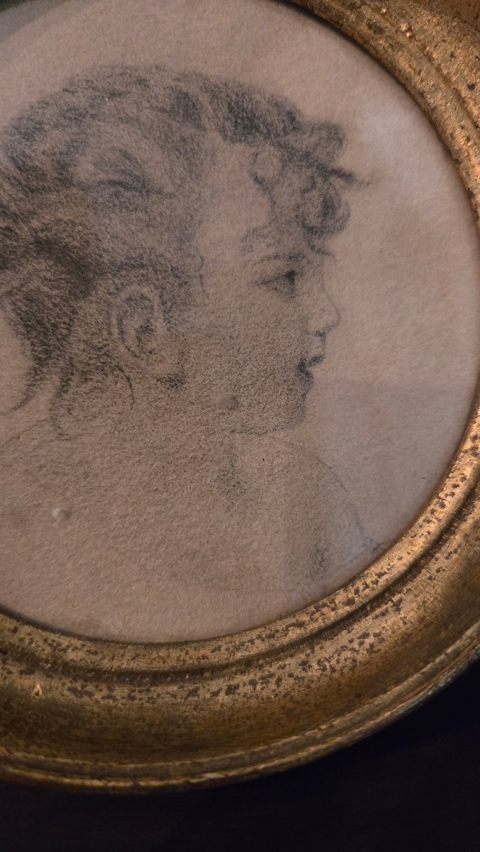 Profil de jeune fille – Dessin au crayon sur papier, fin du XIXe siècle-photo-2