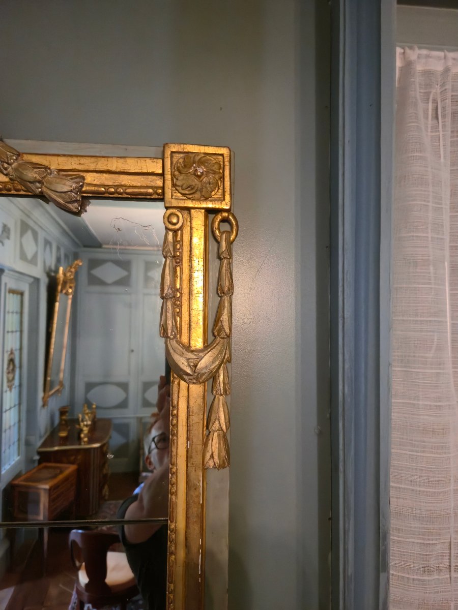 Miroir à parcloses d'époque Louis XVI en bois sculpté, doré, argenté et peint.  -photo-2