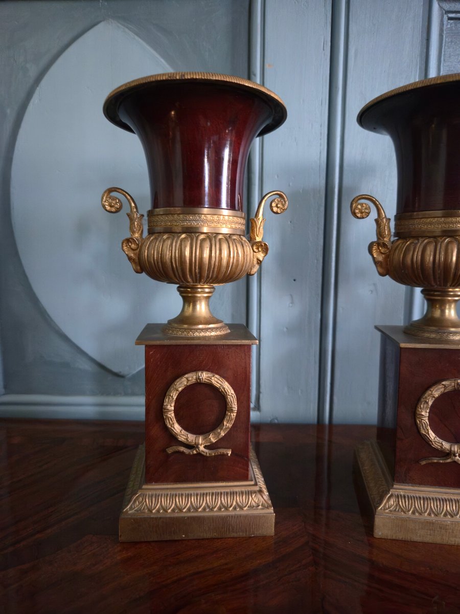 Paire de vases Médicis en acajou massif et bronze doré, XIXe siècle.  -photo-2