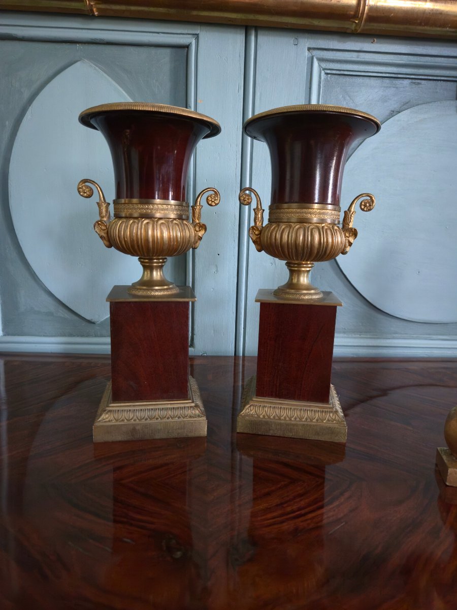 Paire de vases Médicis en acajou massif et bronze doré, XIXe siècle.  -photo-4