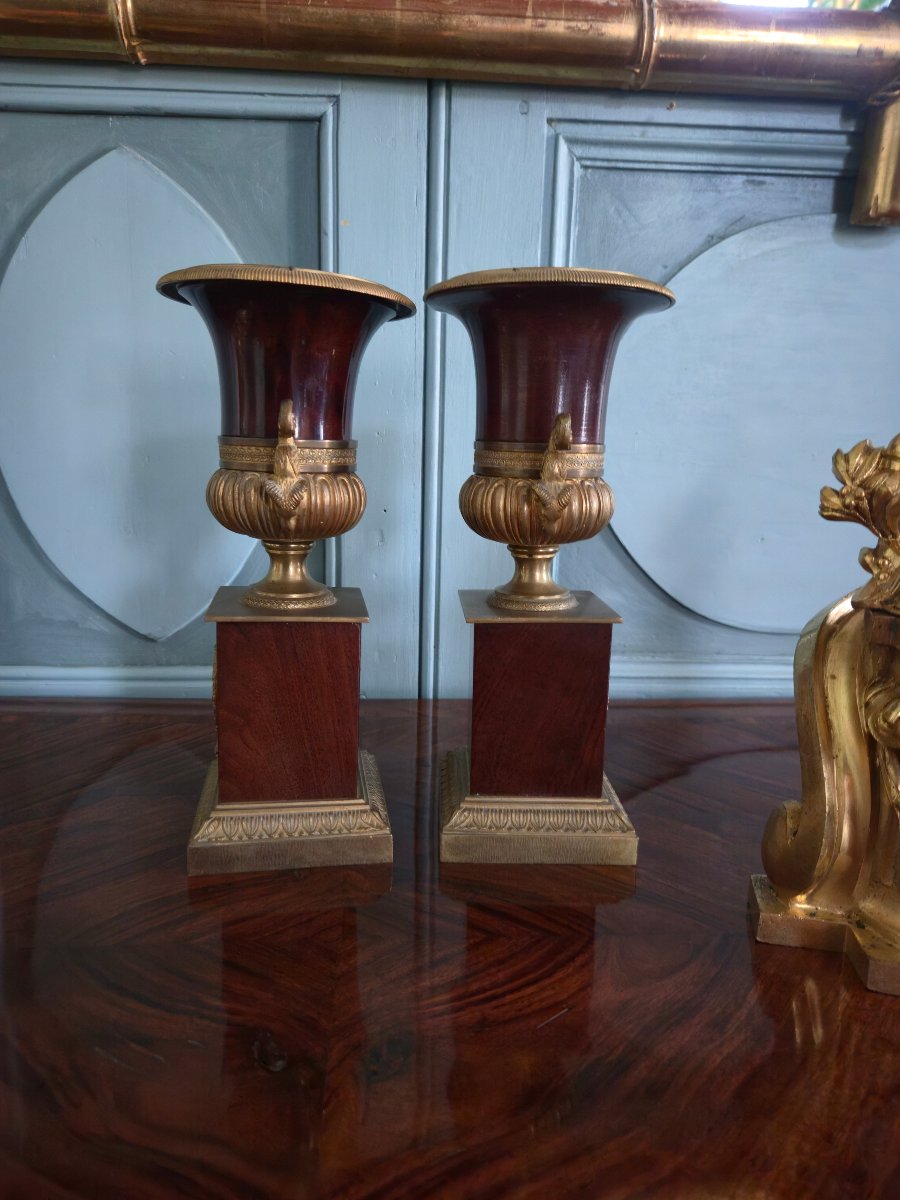 Paire de vases Médicis en acajou massif et bronze doré, XIXe siècle.  -photo-1