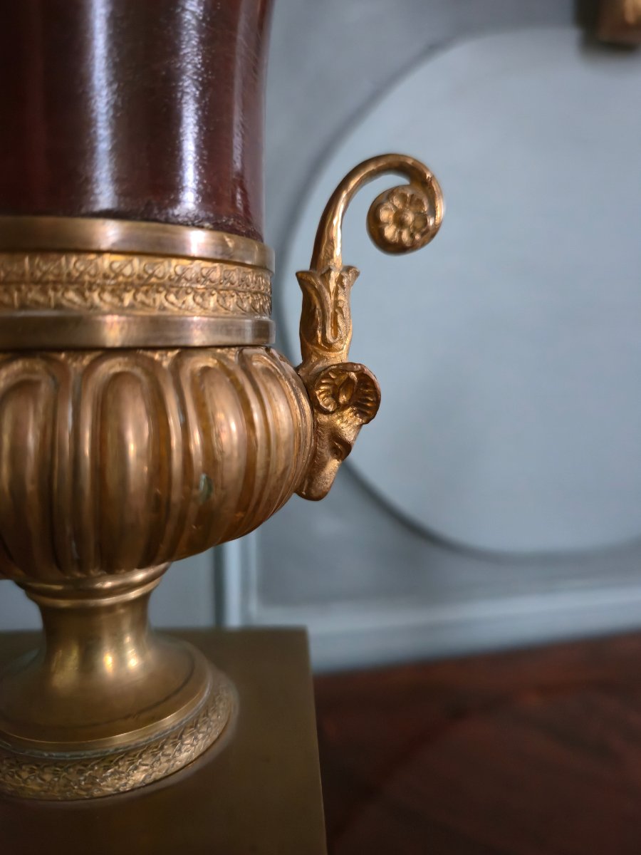 Paire de vases Médicis en acajou massif et bronze doré, XIXe siècle.  -photo-4