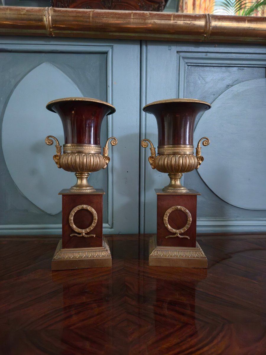 Paire de vases Médicis en acajou massif et bronze doré, XIXe siècle.  