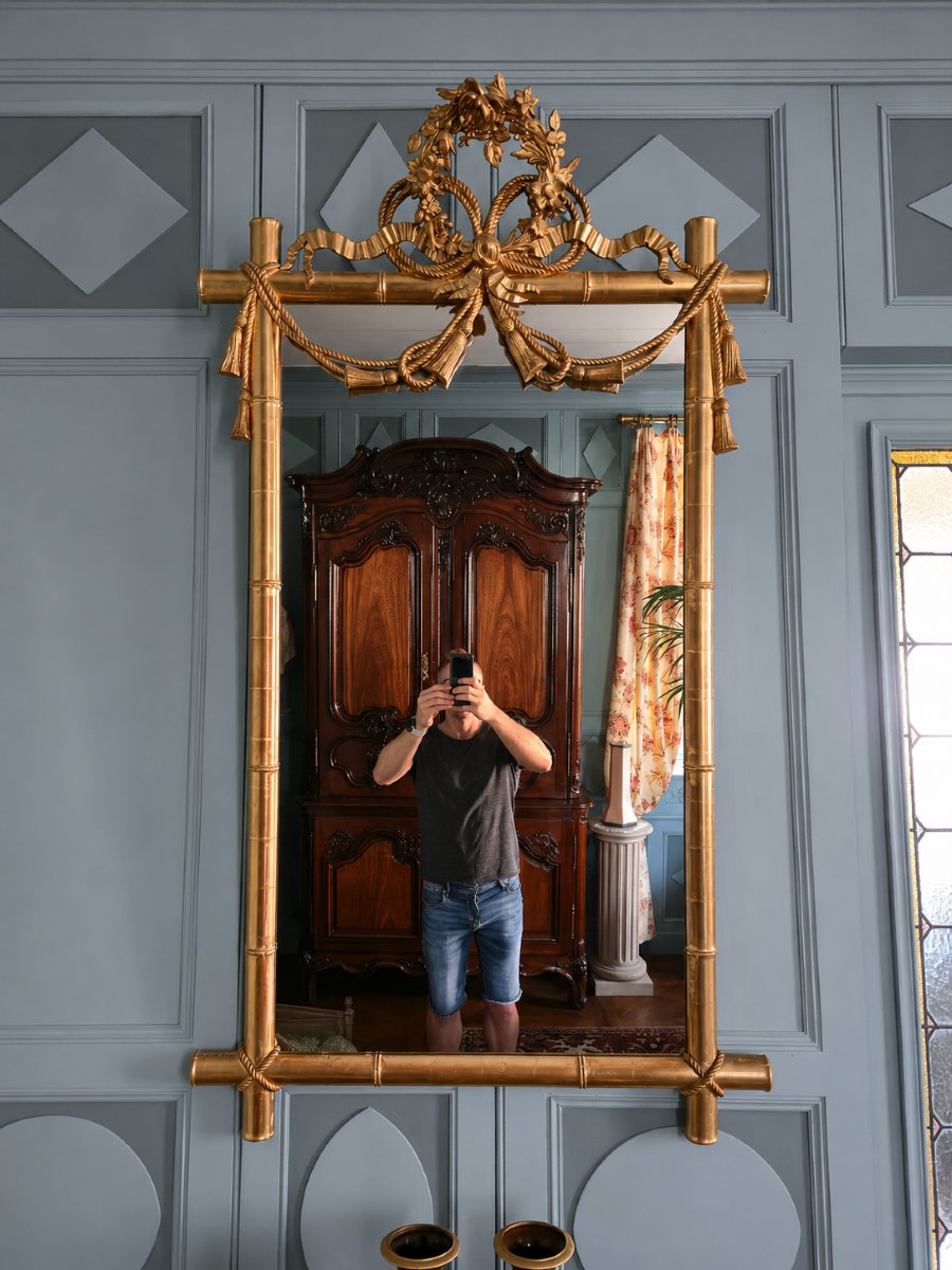 Miroir d'époque Napoléon III à l'imitation du bambou et à décor de draperies à houppes.  -photo-2