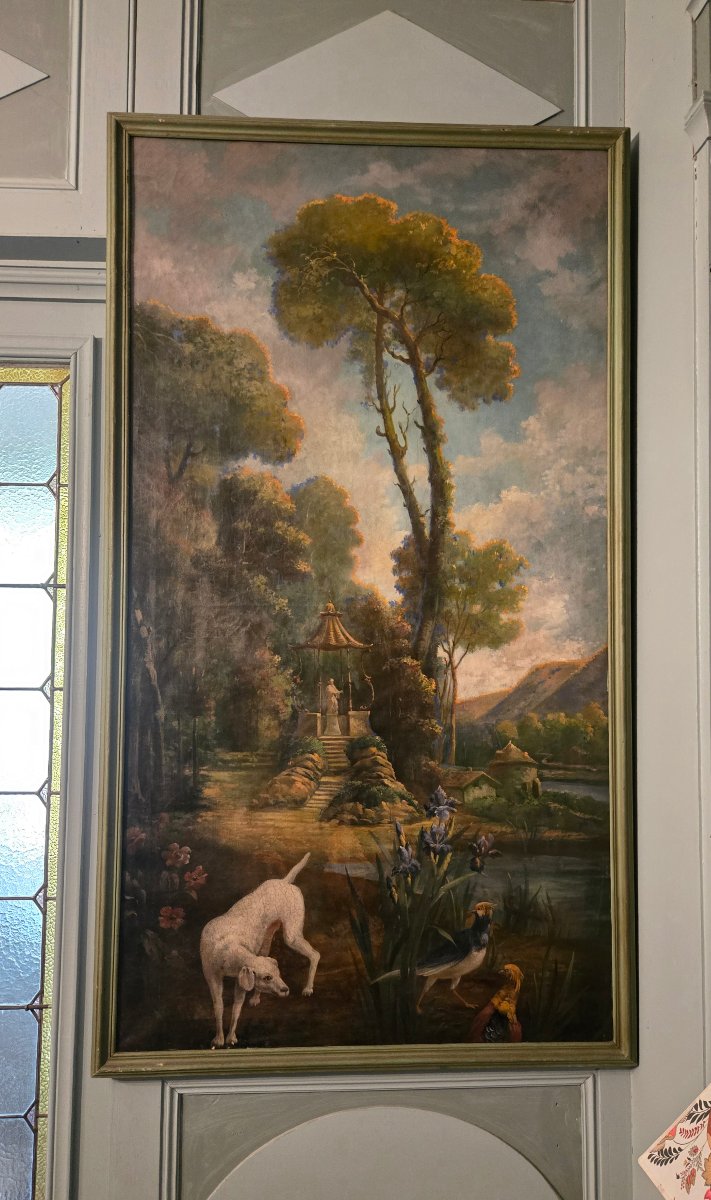 A Large Decorative Panel Depicting A Fantasy Landscape In The Style Of Christophe Huet.