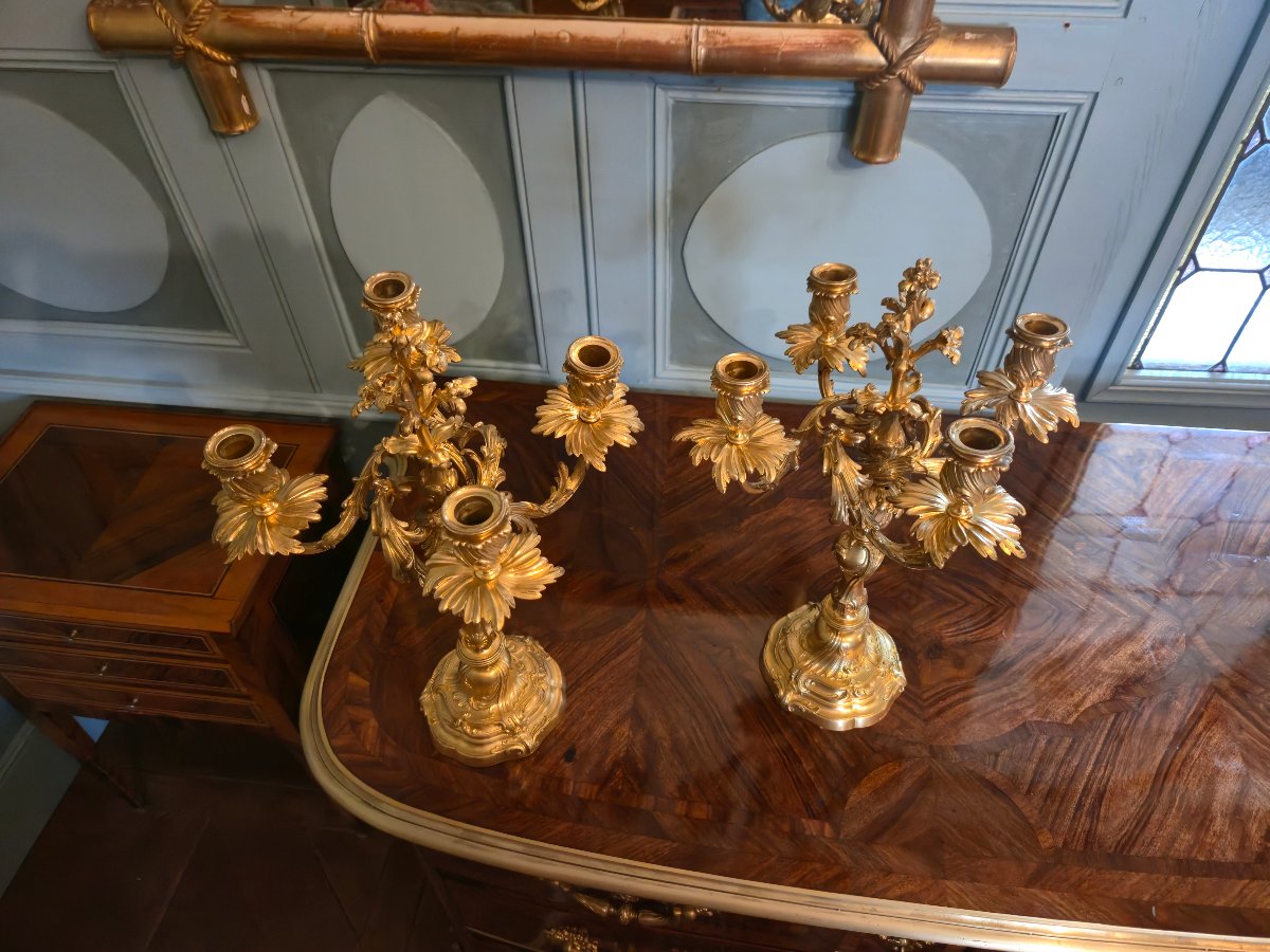 Paire de candélabres en bronze doré de style Louis XV, signés F. Barbedienne, XIXe siècle.   -photo-5