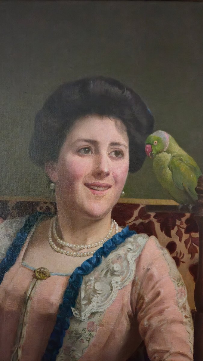 Charles Bertrand d'Entraygues (1850-1929) Portrait d'une élégante à la perruche. -photo-1