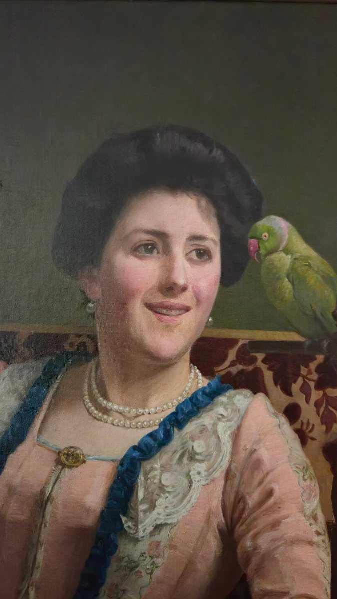 Charles Bertrand d'Entraygues (1850-1929) Portrait d'une élégante à la perruche. -photo-3