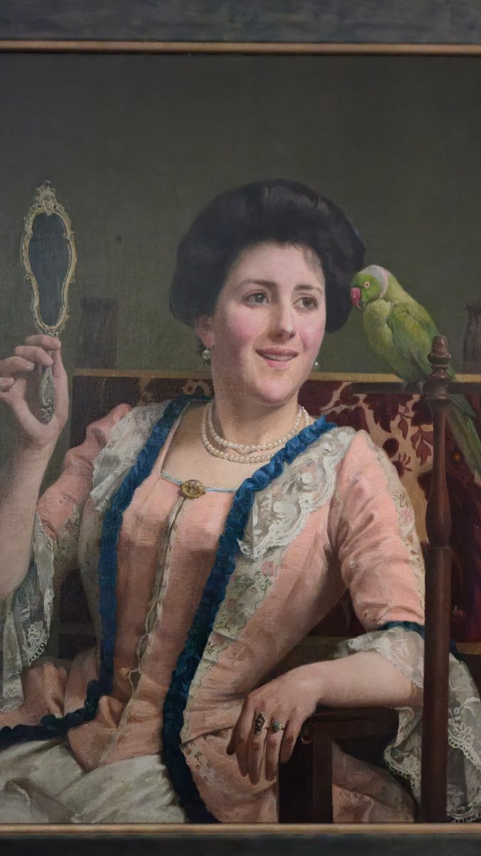 Charles Bertrand d'Entraygues (1850-1929) Portrait d'une élégante à la perruche. -photo-4