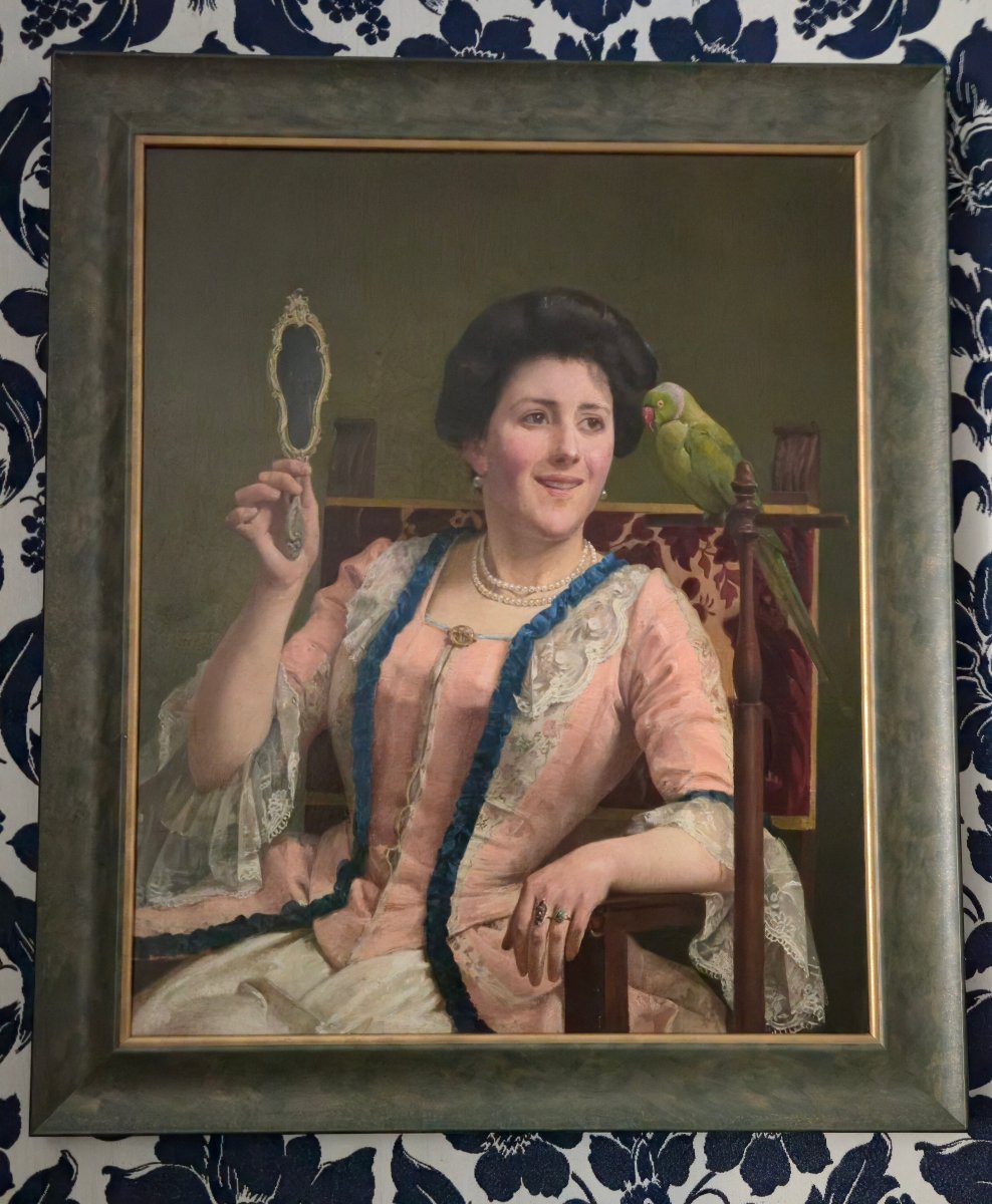 Charles Bertrand d'Entraygues (1850-1929) Portrait d'une élégante à la perruche. 