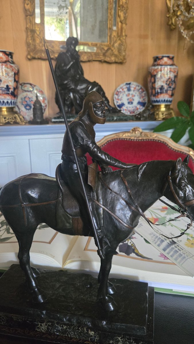 August Von Strantz – Knight On Horseback With A Lance, Bronze, Circa 1900.  -photo-4