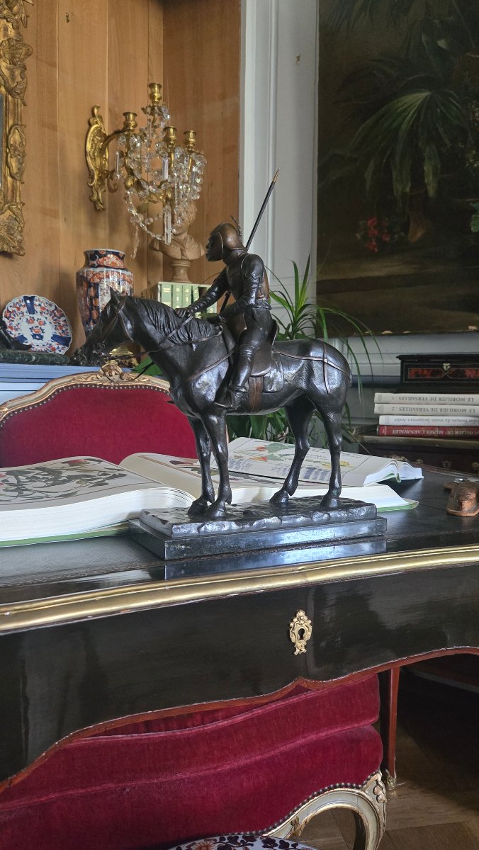 August Von Strantz – Knight On Horseback With A Lance, Bronze, Circa 1900.  -photo-1