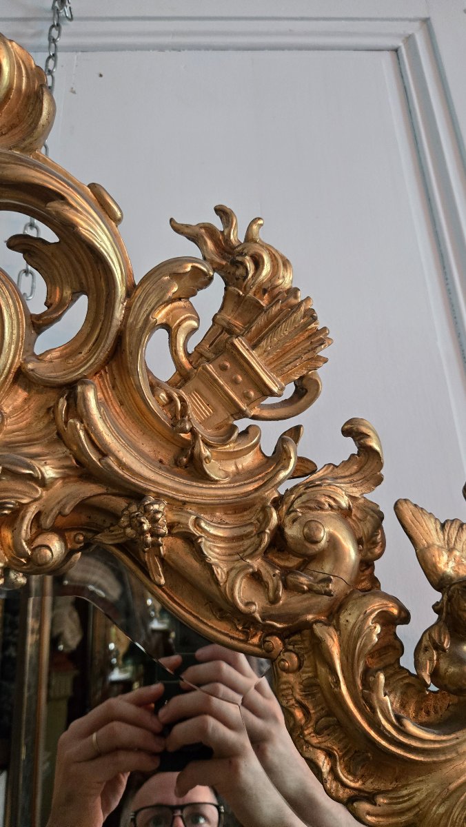 Rocaille Mirror Made Of Wood And Gilded Stucco, Decorated With Birds And A Gallant Trophy, 19th Century.   -photo-4