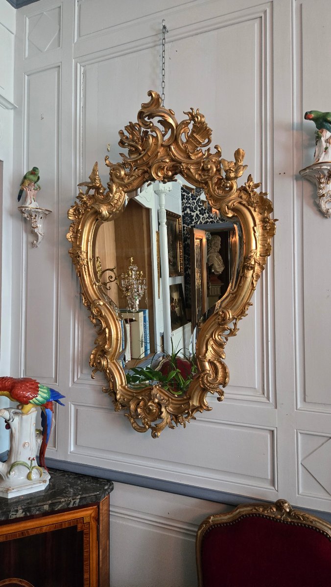 Rocaille Mirror Made Of Wood And Gilded Stucco, Decorated With Birds And A Gallant Trophy, 19th Century.   