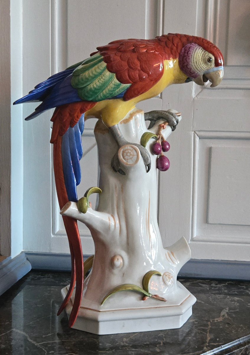 Grand Perroquet En Porcelaine Polychrome De Volkstedt, Allemagne, Vers 1912-1945.  
