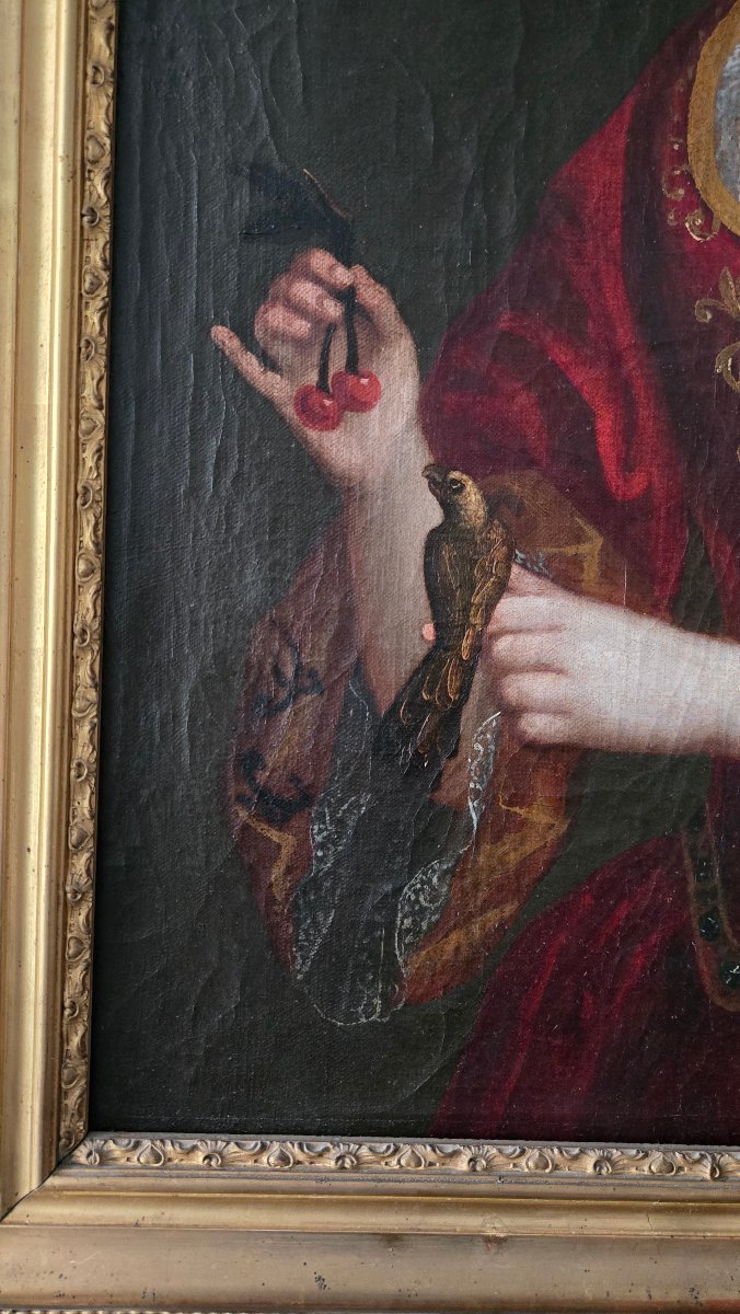Portrait d'une dame aux cerises et à l'oiseau – École française du XVIIIᵉ siècle.  -photo-3