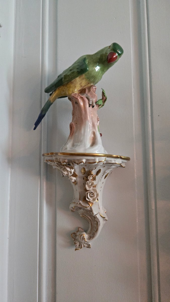 Paire de perruches naturalistes en porcelaine sur consoles murales rocaille, Allemagne, XXᵉ -photo-2
