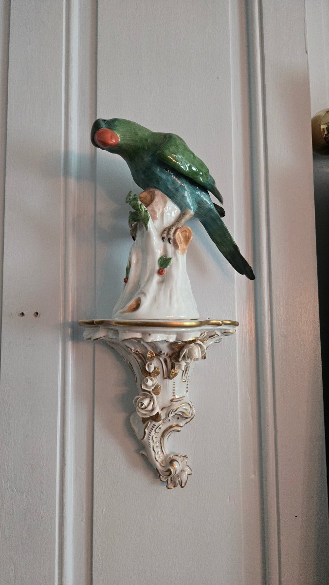 Paire de perruches naturalistes en porcelaine sur consoles murales rocaille, Allemagne, XXᵉ -photo-3