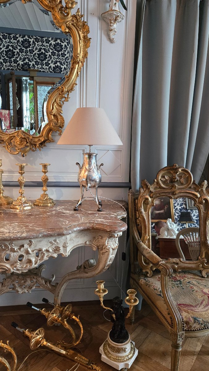 Silver-plated Metal Living Room Lamp, Crafted By Léon Lapar, Paris, 20th Century.  -photo-5