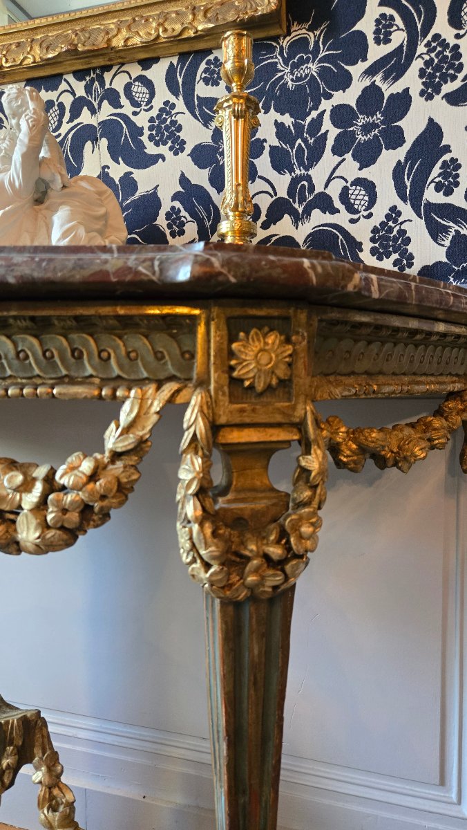 Large Louis XVI-era Console Table In Carved, Gilded, And Polychrome Oak.-photo-2