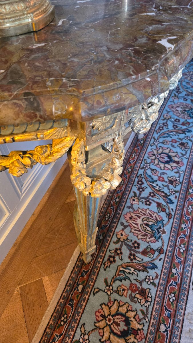 Large Louis XVI-era Console Table In Carved, Gilded, And Polychrome Oak.-photo-2