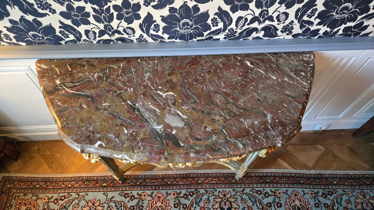 Large Louis XVI-era Console Table In Carved, Gilded, And Polychrome Oak.-photo-3