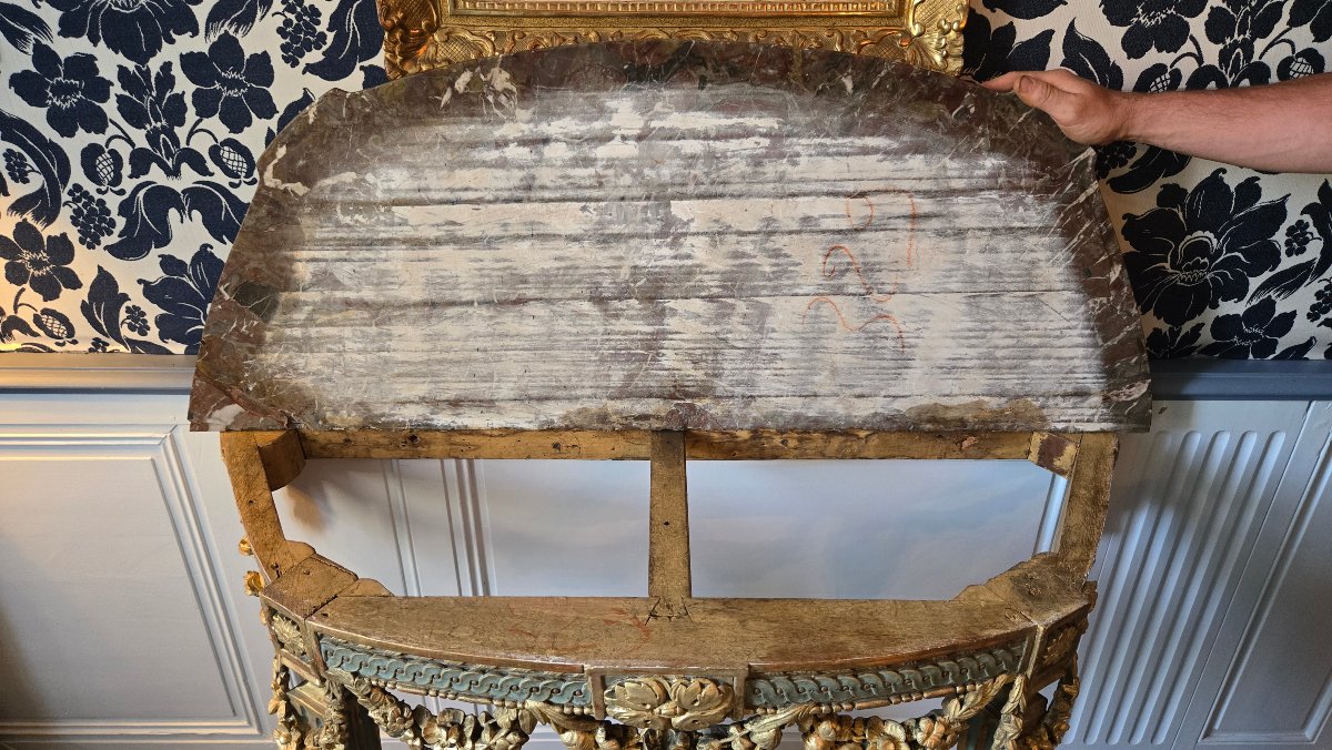 Large Louis XVI-era Console Table In Carved, Gilded, And Polychrome Oak.-photo-4
