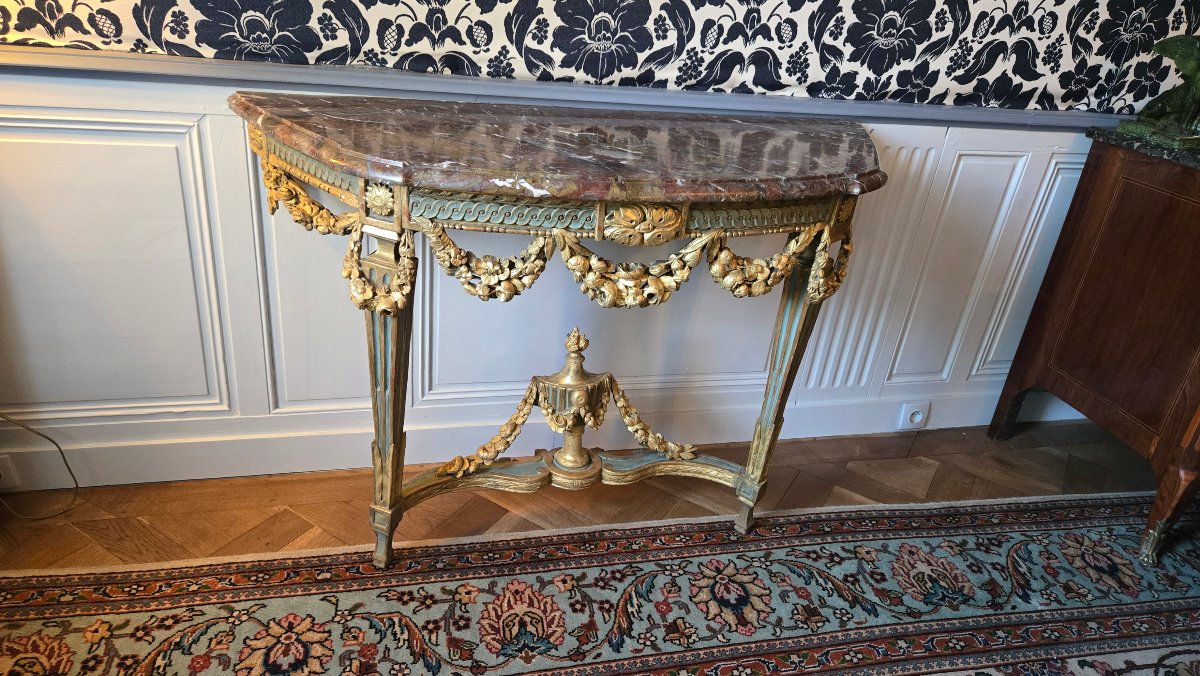 Large Louis XVI-era Console Table In Carved, Gilded, And Polychrome Oak.-photo-5