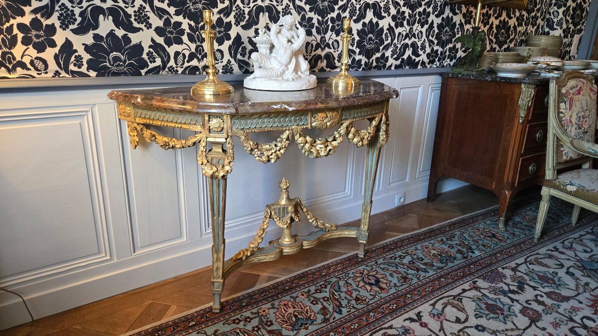 Large Louis XVI-era Console Table In Carved, Gilded, And Polychrome Oak.-photo-6