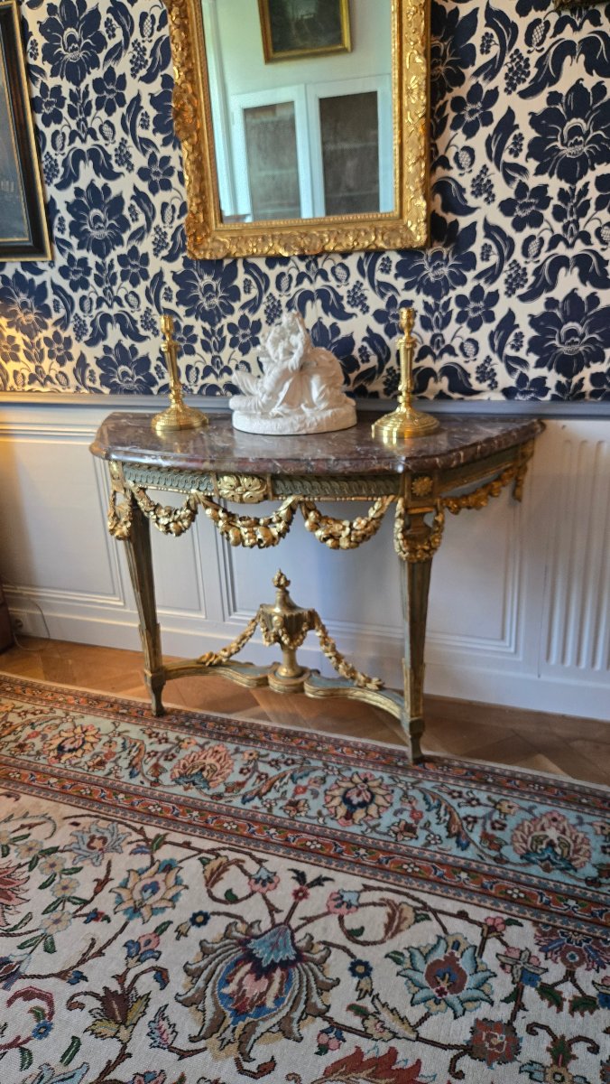 Large Louis XVI-era Console Table In Carved, Gilded, And Polychrome Oak.-photo-7
