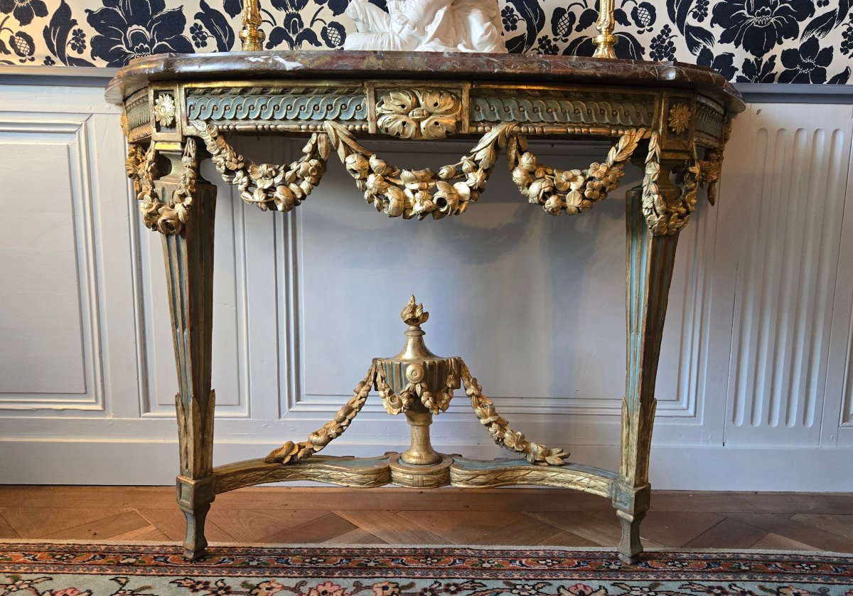 Large Louis XVI-era Console Table In Carved, Gilded, And Polychrome Oak.