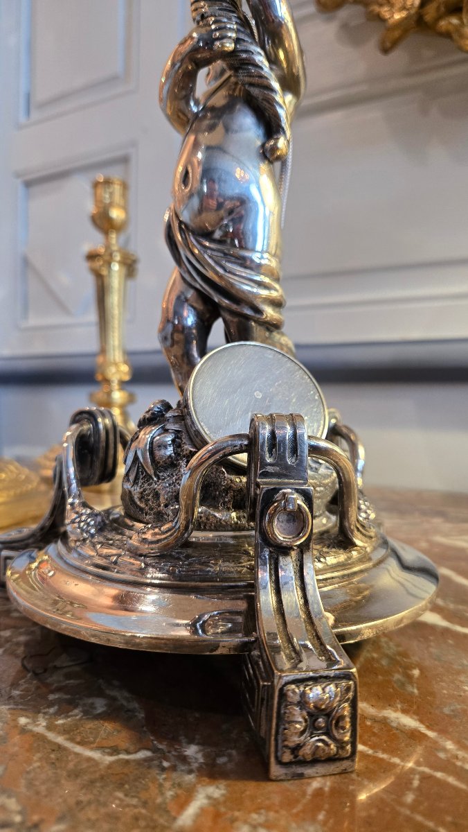 Silver-plated Bronze Living Room Lamp Featuring A Child Holding A Conch Shell, In The Neoclassical Style.  -photo-2