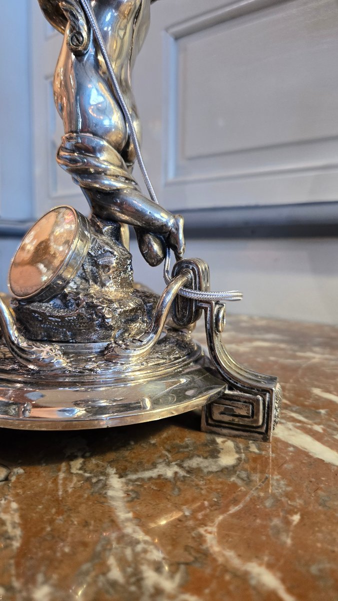 Silver-plated Bronze Living Room Lamp Featuring A Child Holding A Conch Shell, In The Neoclassical Style.  -photo-4