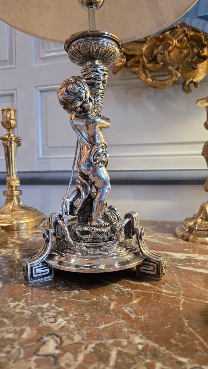 Silver-plated Bronze Living Room Lamp Featuring A Child Holding A Conch Shell, In The Neoclassical Style.  -photo-1