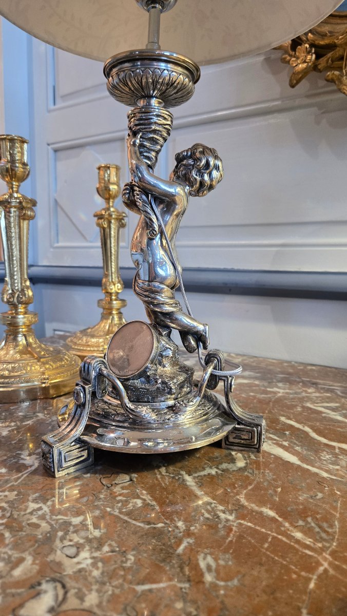 Silver-plated Bronze Living Room Lamp Featuring A Child Holding A Conch Shell, In The Neoclassical Style.  -photo-3