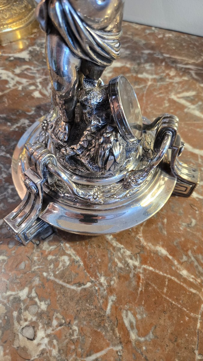 Silver-plated Bronze Living Room Lamp Featuring A Child Holding A Conch Shell, In The Neoclassical Style.  -photo-4