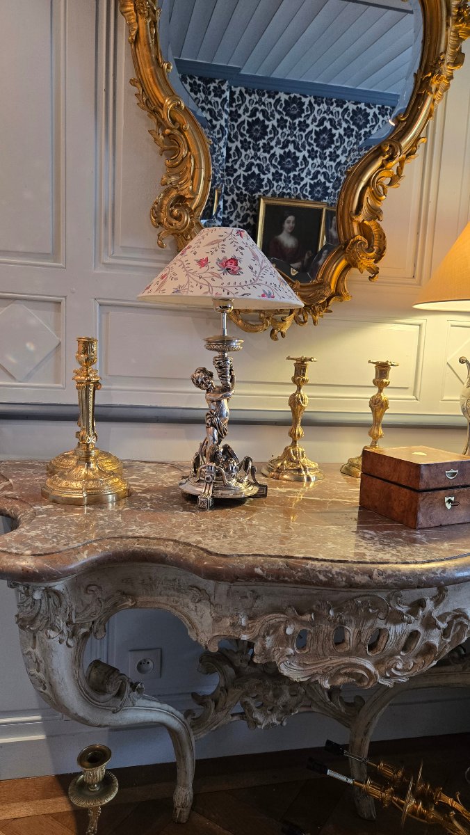 Silver-plated Bronze Living Room Lamp Featuring A Child Holding A Conch Shell, In The Neoclassical Style.  -photo-8