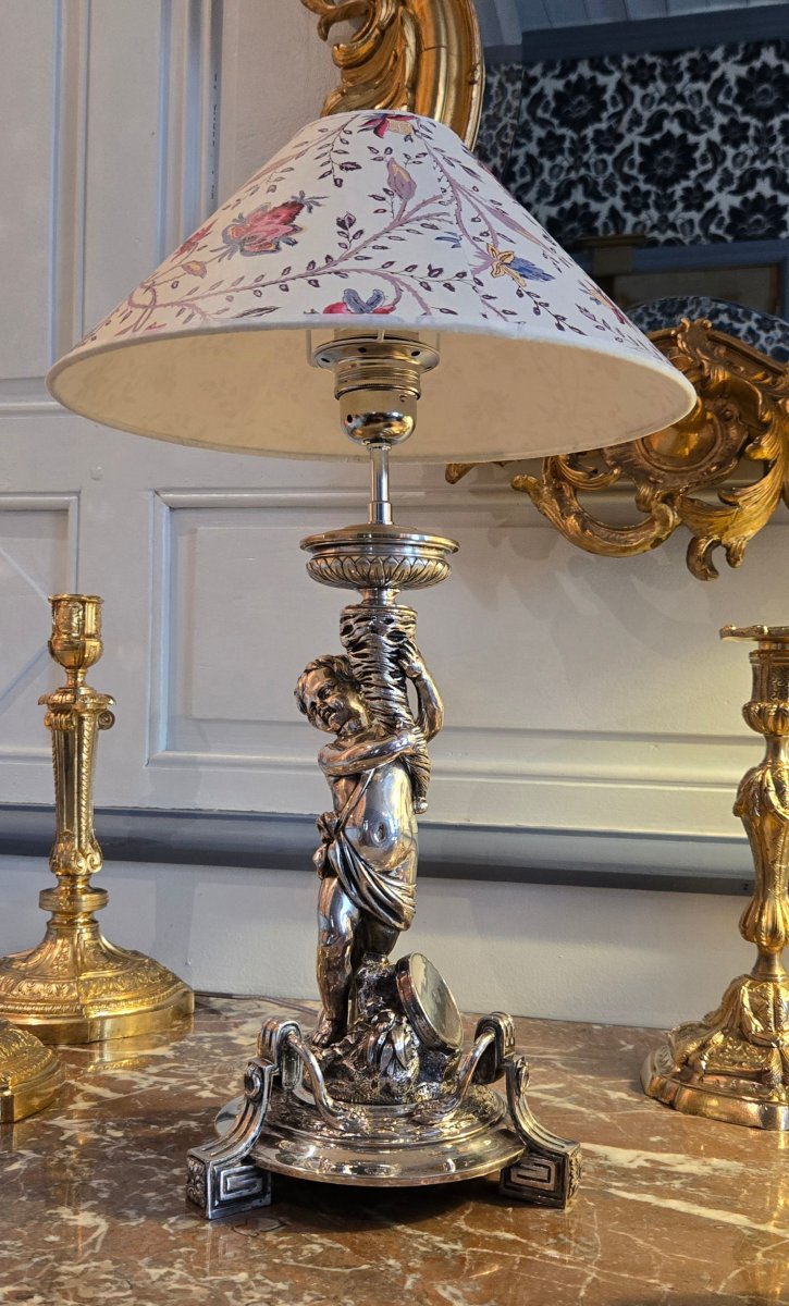 Silver-plated Bronze Living Room Lamp Featuring A Child Holding A Conch Shell, In The Neoclassical Style.  