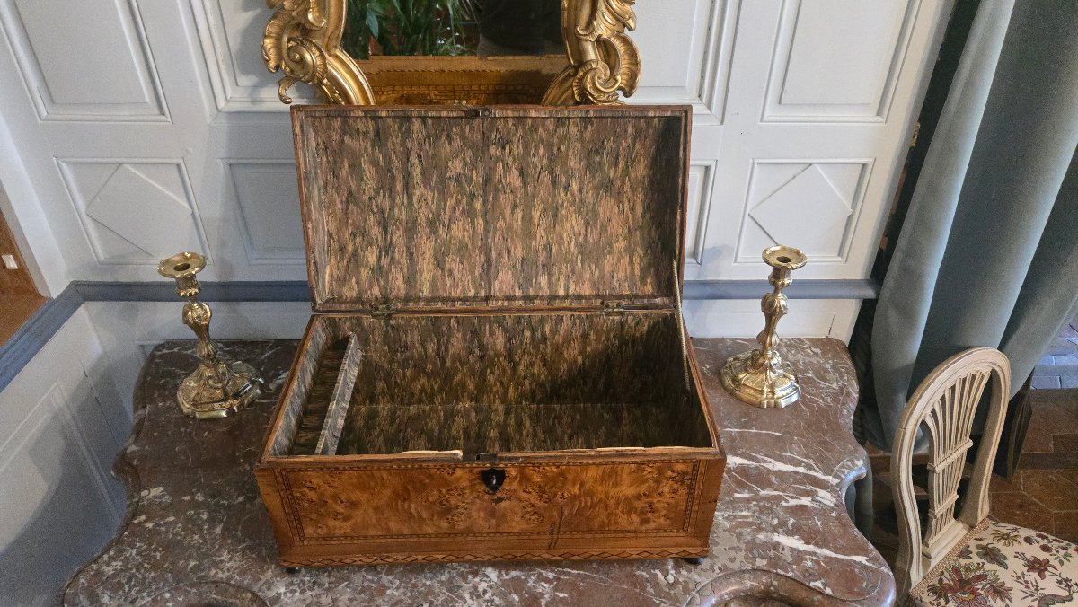 Coffret de mariage à dessus bombé en loupe de peuplier et marqueterie. Vallée du Rhin, XVIIIe-photo-6