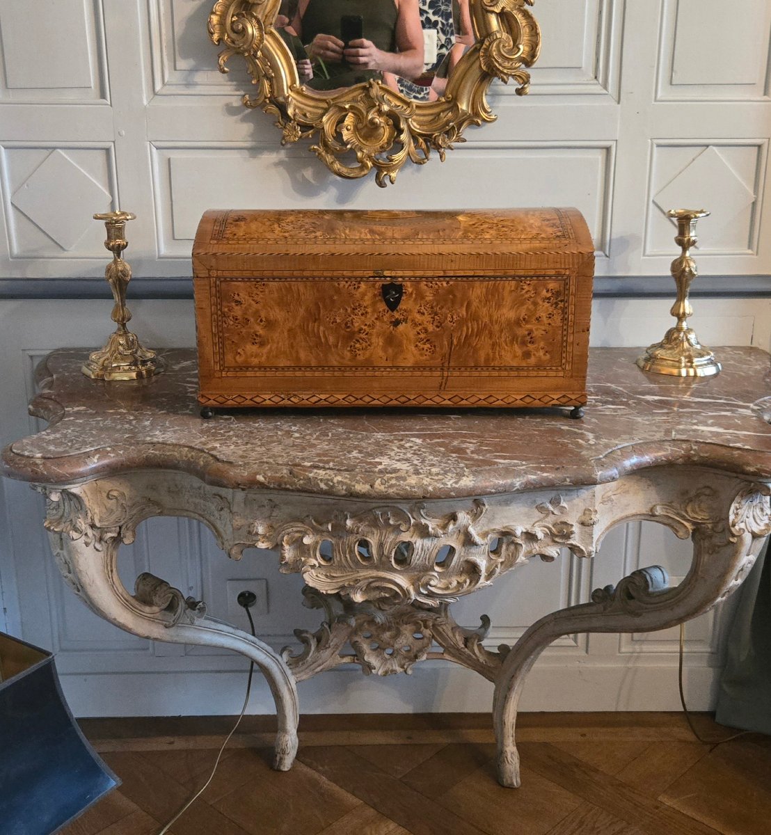 Coffret de mariage à dessus bombé en loupe de peuplier et marqueterie. Vallée du Rhin, XVIIIe-photo-8